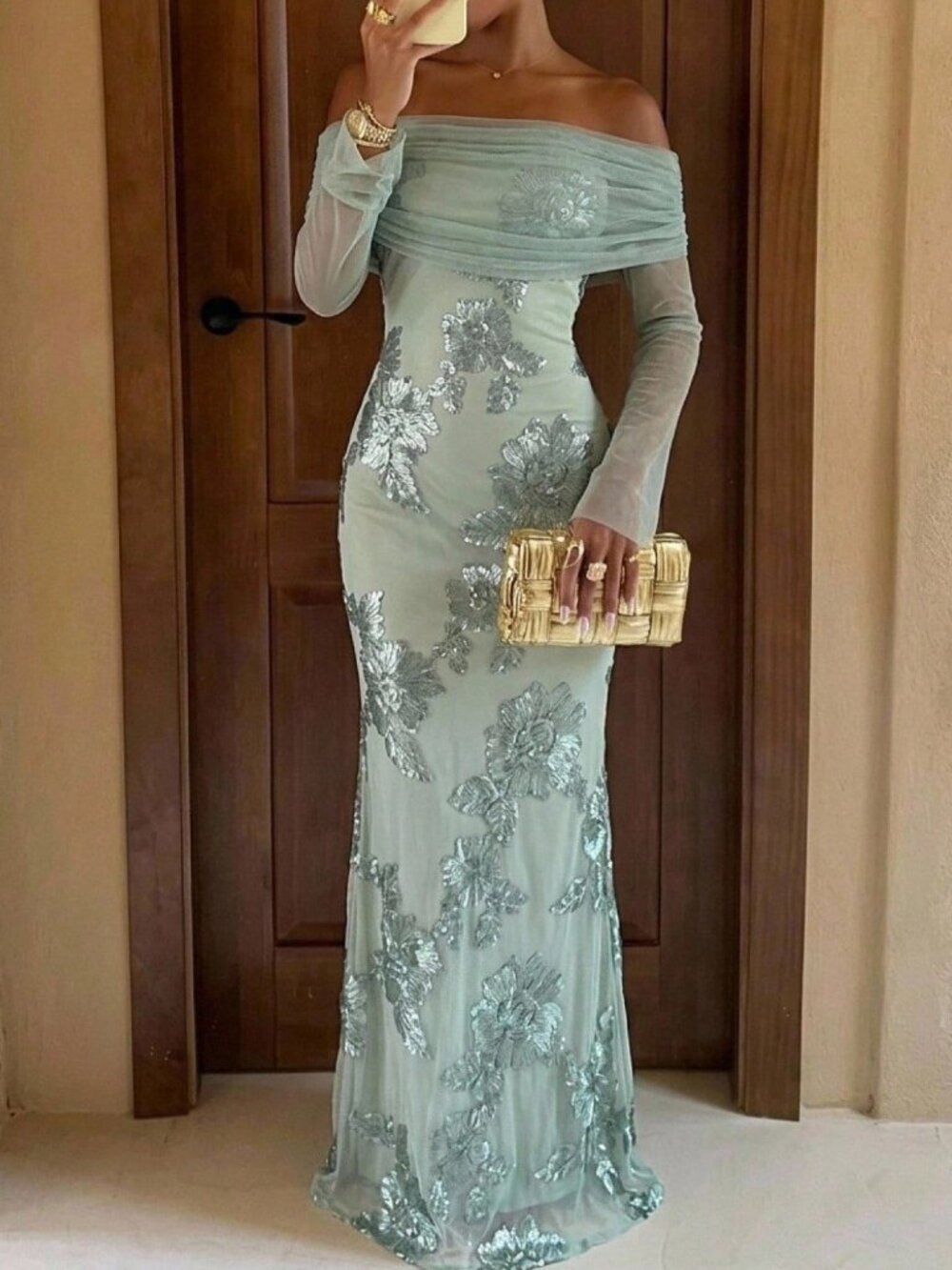 Mint Green Elegant Women's Asymmetrical Knot Floral Mesh Bodycon Maxi Dress